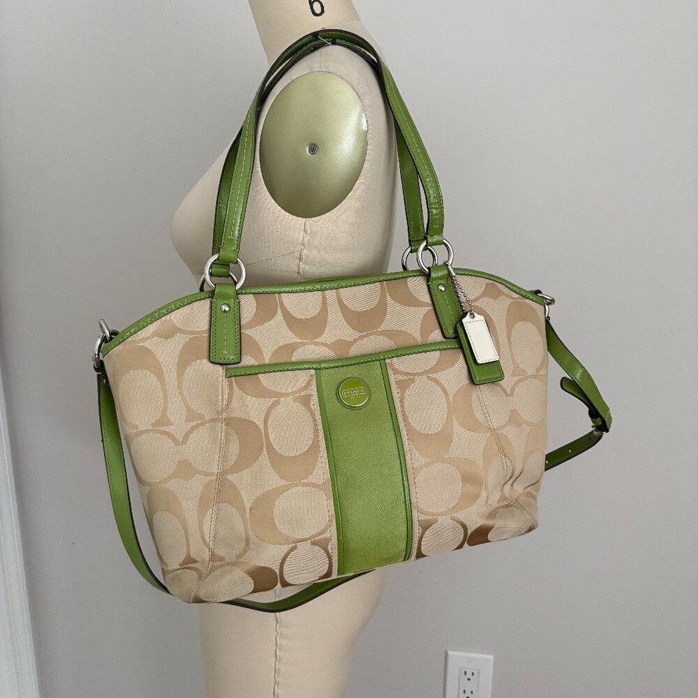 Coach Poppy Signature C Green Patent Leather & Khaki Canvas Satchel Shoulder Bag